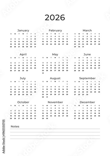 Minimal 2026 yearly calendar template with notes section