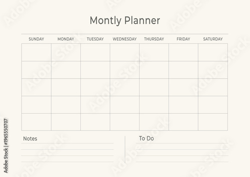 Minimal monthly planner template with notes and to do list