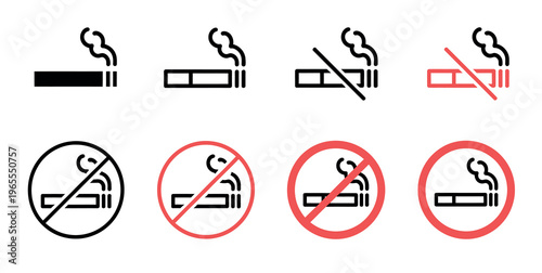 No smoking symbol icon set featuring cigarette ban signs, do not smoke warnings, and prohibition labels for restricted areas, vector illustration