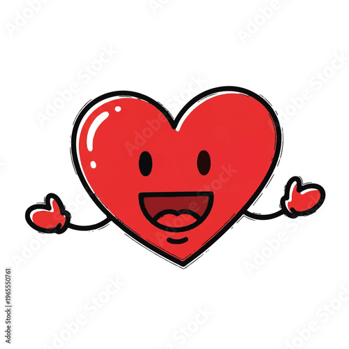 Playful cartoon heart character with arms smiling cheerful expression.
