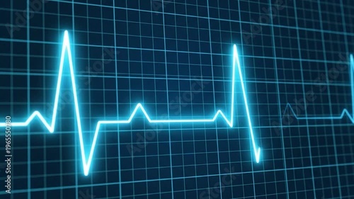 A bright blue electrocardiogram waveform displays on a dark grid background, representing a healthy heartbeat and vital signs