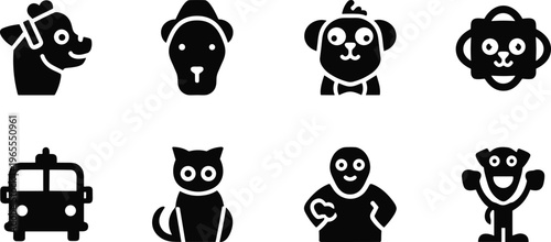 Animal and human silhouette icons with dog headband, cat sitting, monkey face, bus vehicle, playful design, black vector illustration