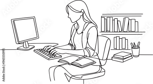 Minimalist One-Line Vector of Female Librarian Typing on Chair, Daily Library Activity, National School Librarian Day