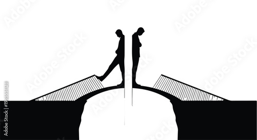 silhouette of two people stepping across gap