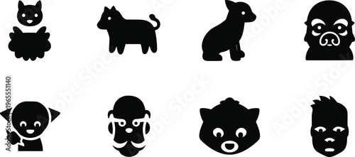Animal and human silhouette icons with sheep, cow, dog, pug, child with phone, man with glasses, bear, mohawk hairstyle