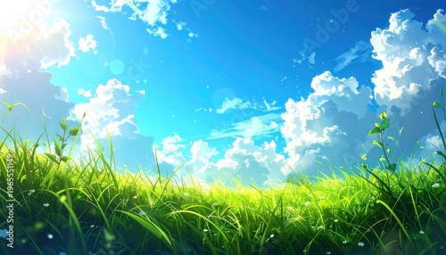 A vibrant landscape depicts lush green grass under a bright blue sky filled with fluffy white clouds.
