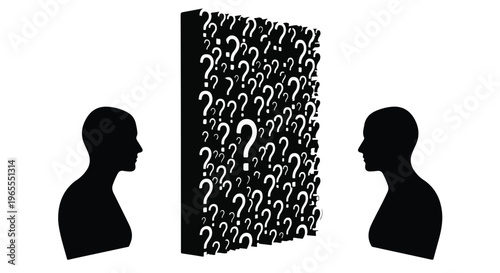 silhouettes of two people facing question marks