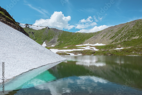Scenic view to beautiful glacial lake in mountain cirque in sunlight. Sunlit ...