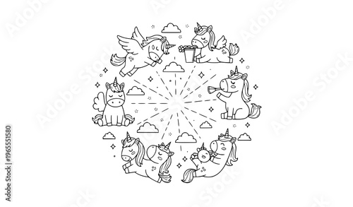 Fantasy unicorn coloring page with six cute unicorns in circular layout outline vector for kids coloring book design