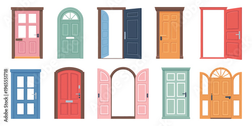 Open and closed door icon set featuring cartoon entrance and exit doors with handles and frames, home exterior architecture concept, vector illustration