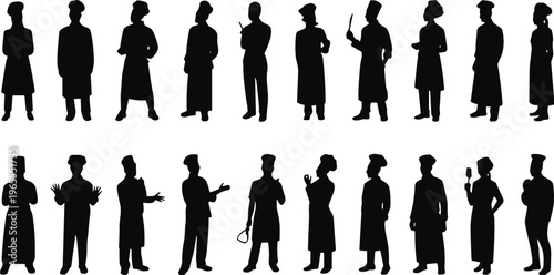 Chef silhouettes, cooking poses, culinary teamwork, kitchen staff illustration, professional chef icon, restaurant workers, food preparation design, gastronomy concept