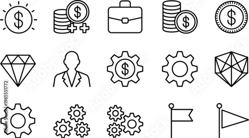Business finance icons, money wealth symbols, gear productivity, diamond success, professional briefcase, corporate achievement, teamwork flags, economic growth illustration