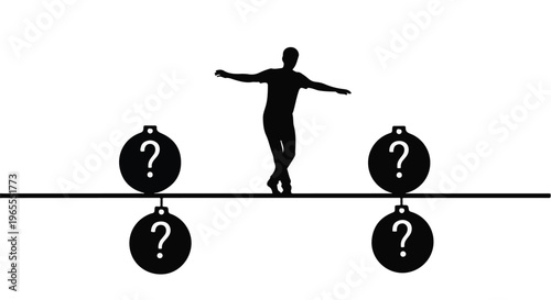 man balancing on tightrope with question marks