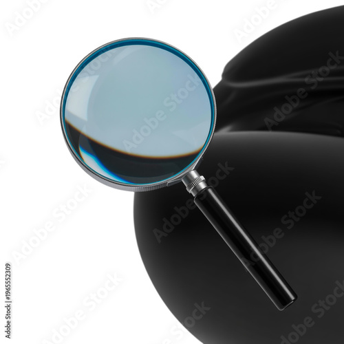 A close-up view of a round glass magnifying lens with a black handle isolated on transparent background