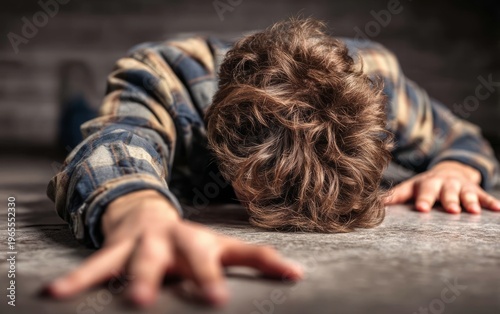 Distressed Person Collapsed on Floor Reaching Forward for Help