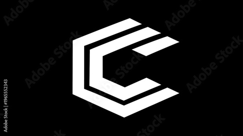 Abstract white linear geometric shape on black background. Modern minimalist design element for technology, business, or digital concepts.