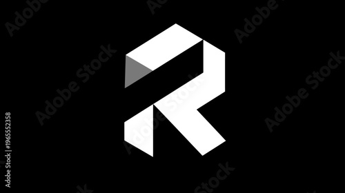 Modern 3D geometric letter R symbol. White isometric abstract alphabet design element on black background, minimalist clean graphic.