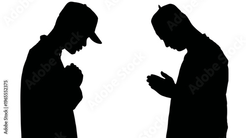 Silhouettes of two men bowing with hands together, symbolizing prayer, respect, meditation, humility, or a formal greeting.