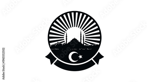 Stylized mosque silhouette with sunburst and crescent moon star icon. Islamic architectural graphic symbol on white.