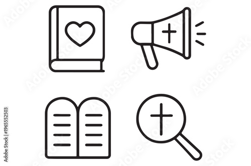 Four religious and educational icons in a simple line art style