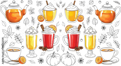 Autumn Tea and Hot Drinks Set with Teapot, Pumpkin Spice Latte, Cinnamon and Leaves Hand Drawn Vector Illustration Collection