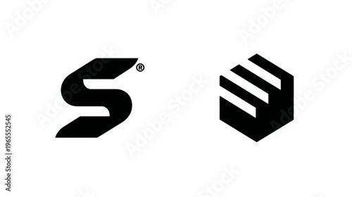 Modern abstract black graphic design elements, including a stylized S shape and a layered hexagonal symbol, on a white background.