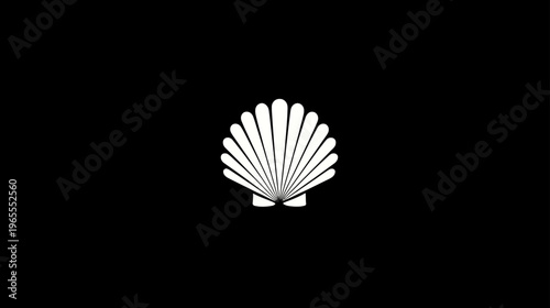 Stylized white scallop shell icon on a black background, minimalist marine symbol, clean vector graphic design element.
