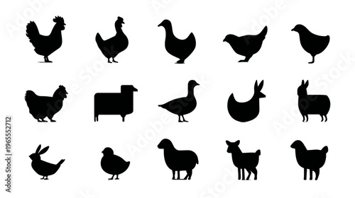 Diverse Farm Animal Silhouettes Collection: Rooster, Hen, Duck, Goose, Sheep, Goat, Rabbit, Chick, Llama Icons Set
