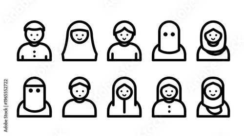 Diverse collection of outline vector avatar icons featuring Middle Eastern and Muslim men and women, including various traditional head coverings.