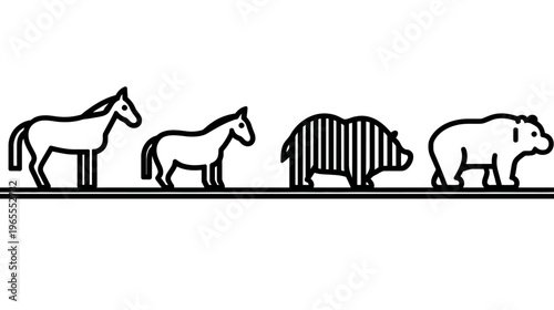 Minimalist animal line art illustration with horse, pony, zebra, and bear outlines in a row on white background.