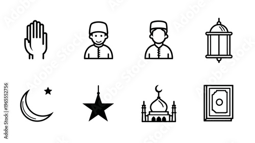 Muslim and Islamic Culture Line Icons Set with Mosque, Quran, Crescent Moon, Prayer Hands, and Muslim Men for Religious Design