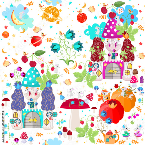 Magic seamless pattern with mice in mushroom castles, flowers, berries, pumpkins, moons, planets, stars and clouds on white background. Beautiful design for kids textile and wallpaper. 