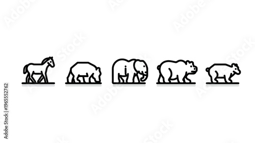 Simple Outline Animal Icons Set. Collection of Line Art Vectors Featuring Horse, Pig, Elephant, and Bears on White Background.