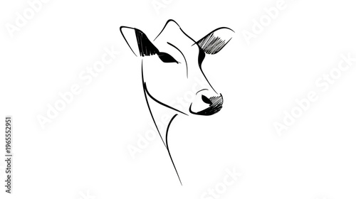 Simple black and white line art illustration of a cow head. Minimalist graphic drawing of cattle, perfect for logos or farm concepts.