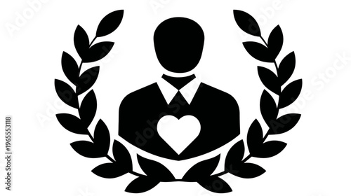 Black icon of a person with a heart in a laurel wreath, symbolizing philanthropy, volunteerism, charity, generosity, and recognition.