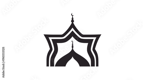 Stylized Islamic Mosque Silhouette Icon. Black and white vector illustration with crescent moon and star. Religious architecture symbol.