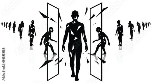 silhouette of person walking through doors with multiple duplicates