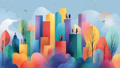 Colorful cityscape featuring stylized buildings with people, surrounded by vibrant trees and clouds