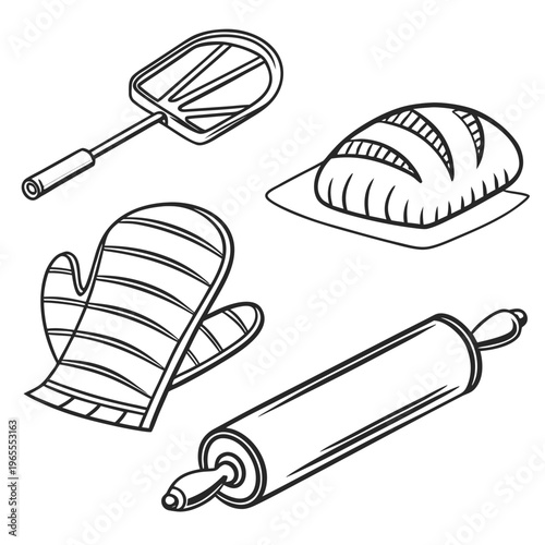 Baking tools and bread line art graphic: oven mitt, roller, peel, loaf