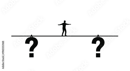 man balancing on tightrope with question marks