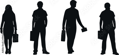 Black silhouettes of business people walking and standing with briefcases, professional group of entrepreneurs for corporate office design concepts