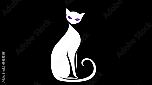 Elegant white stylized cat with striking purple eyes sitting against a solid black background. Minimalist feline illustration.