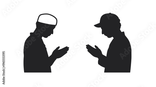 Two diverse male silhouettes praying with hands cupped, symbolizing faith, devotion, and spiritual reflection.