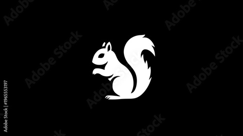 Elegant white squirrel silhouette graphic illustration on a minimalist black background. Cute animal vector icon design element.