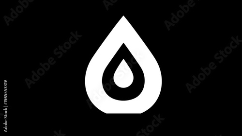 Stylized White Water Drop Icon on Black Background, Minimalist Fluid Symbol, Abstract Liquid Graphic Design Element