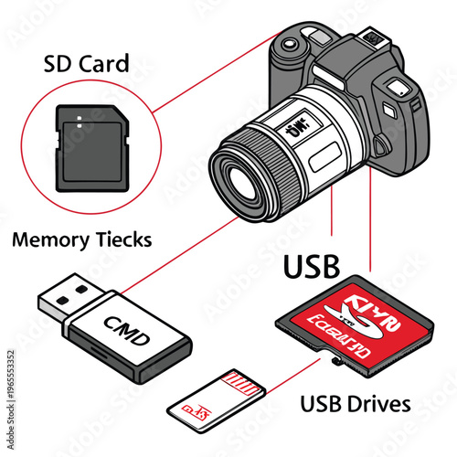 Camera gear diagram: sd card, usb drive, memory stick, digital camera