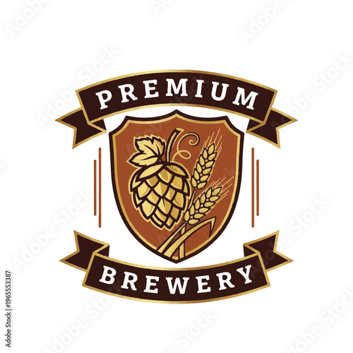 Premium brewery logo emblem featuring hops and barley crest with ribbons.