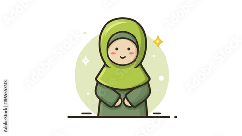 Cute cartoon illustration of a smiling Muslim woman wearing a green hijab, depicting modesty and cultural diversity