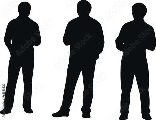 Black silhouettes of three businessmen standing in professional poses, corporate group of entrepreneurs for modern office team concept designs