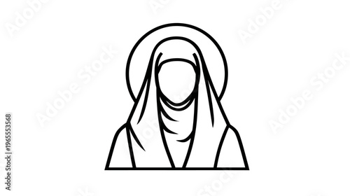 Minimalist line art icon of a veiled figure with a halo, symbolizing religious devotion, spirituality, and sacredness.